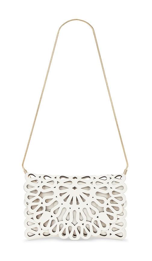 simkhai mccall laser cut clutch in cream.