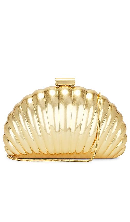 simkhai monet shell clutch in metallic gold.