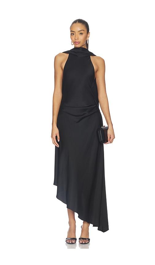 simkhai monica satin midi dress in black.