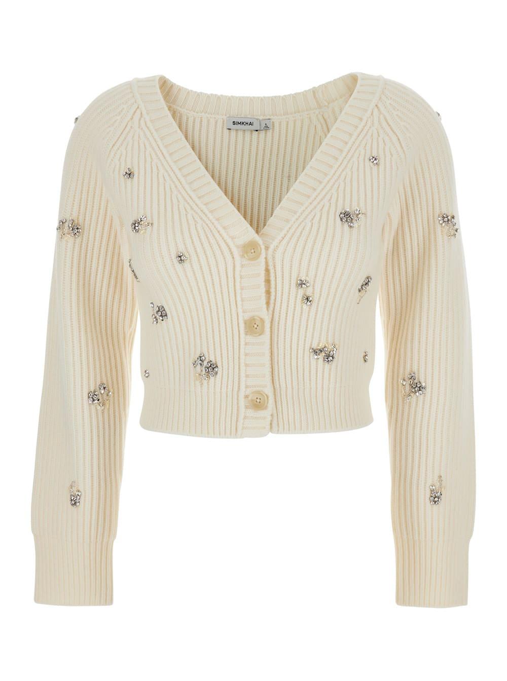 simkhai novah white cropped rhinestoned cardigan with v neck in wool and cashmere woman