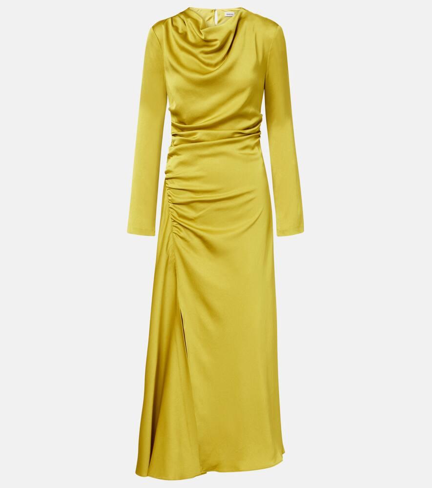 simkhai odessa draped gathered satin midi dress