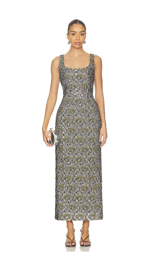 simkhai ravenna midi dress in metallic silver.