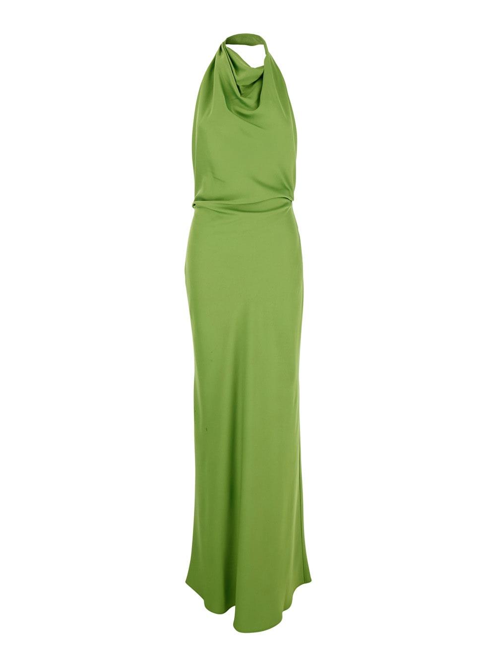 simkhai reannon green long dress with halterneck and front ruches in tech fabric woman