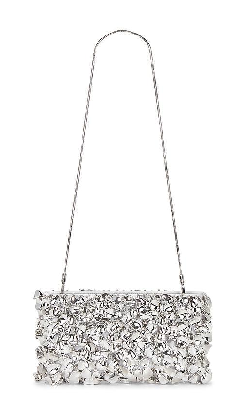 simkhai reese beaded clutch in metallic silver.