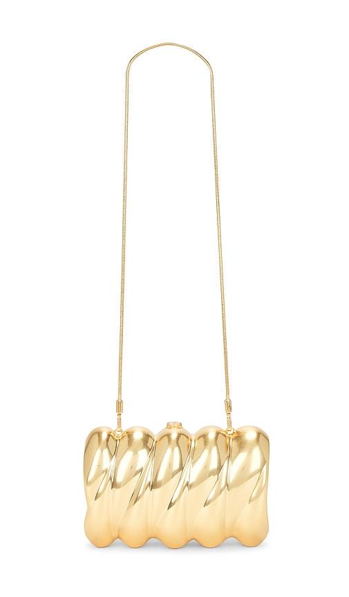 simkhai reya clutch in metallic gold.