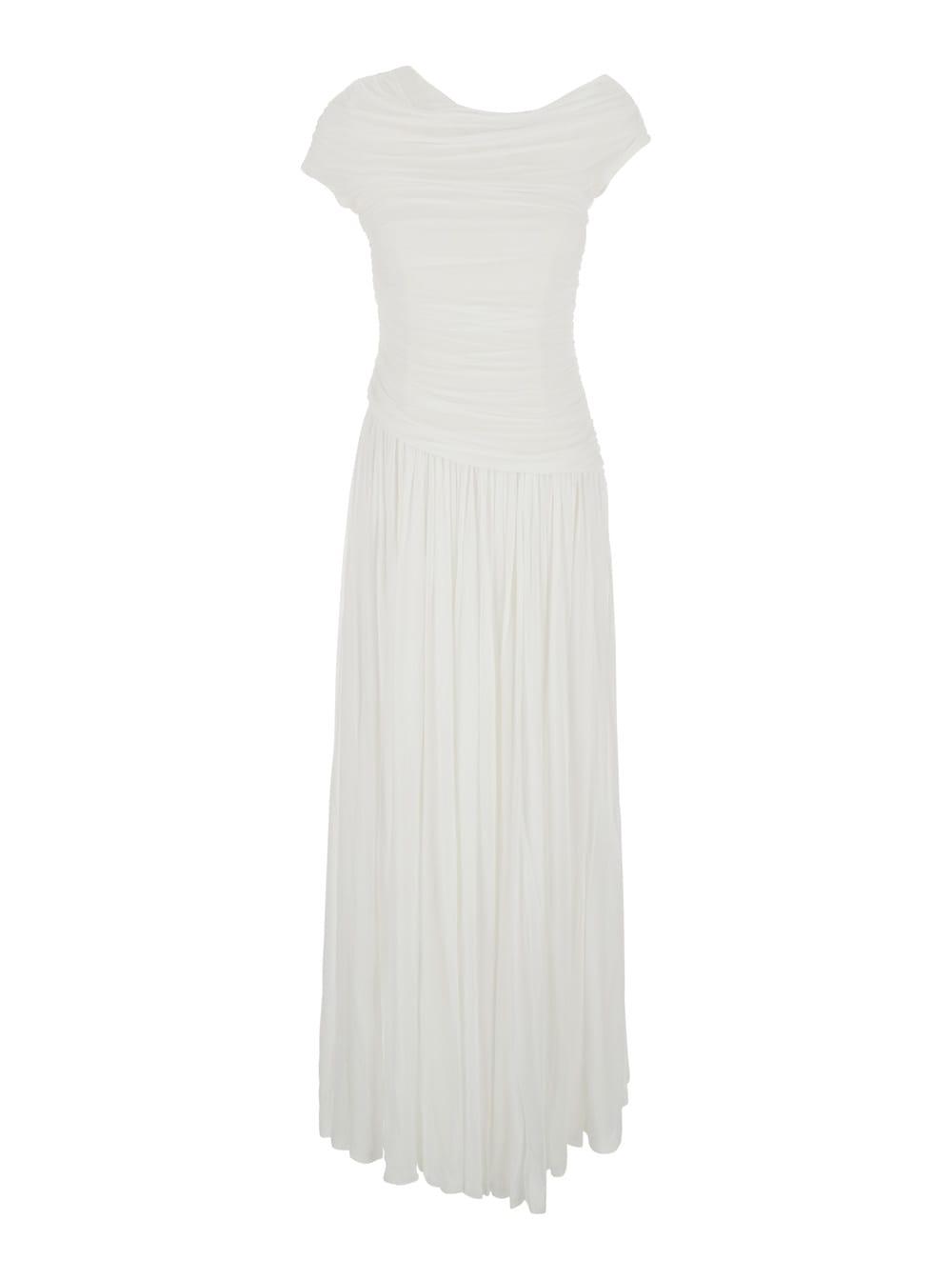 simkhai rhiannon white one-shoulder midi dress with gathered bodice and pleated skirt in tech fabric woman