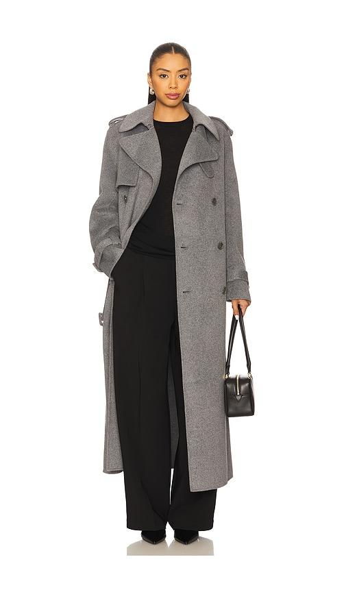 simkhai rumi belted long coat in grey.