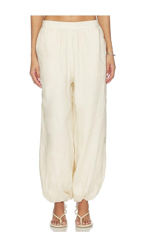 simkhai selah linen lace balloon pant in beige.