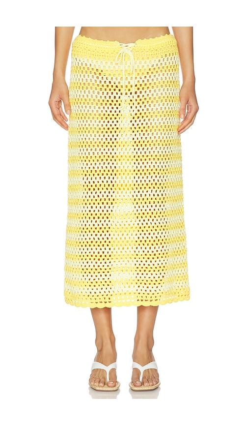 simkhai welles crochet midi skirt in yellow.