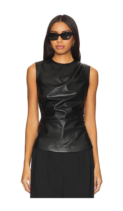 simkhai wynter faux leather draped top in black.