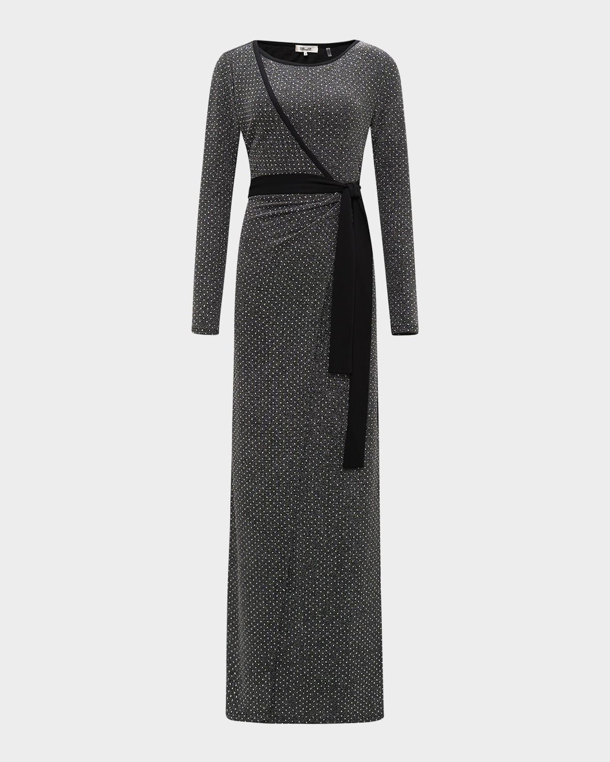 simona wrap-front rhinestone maxi dress