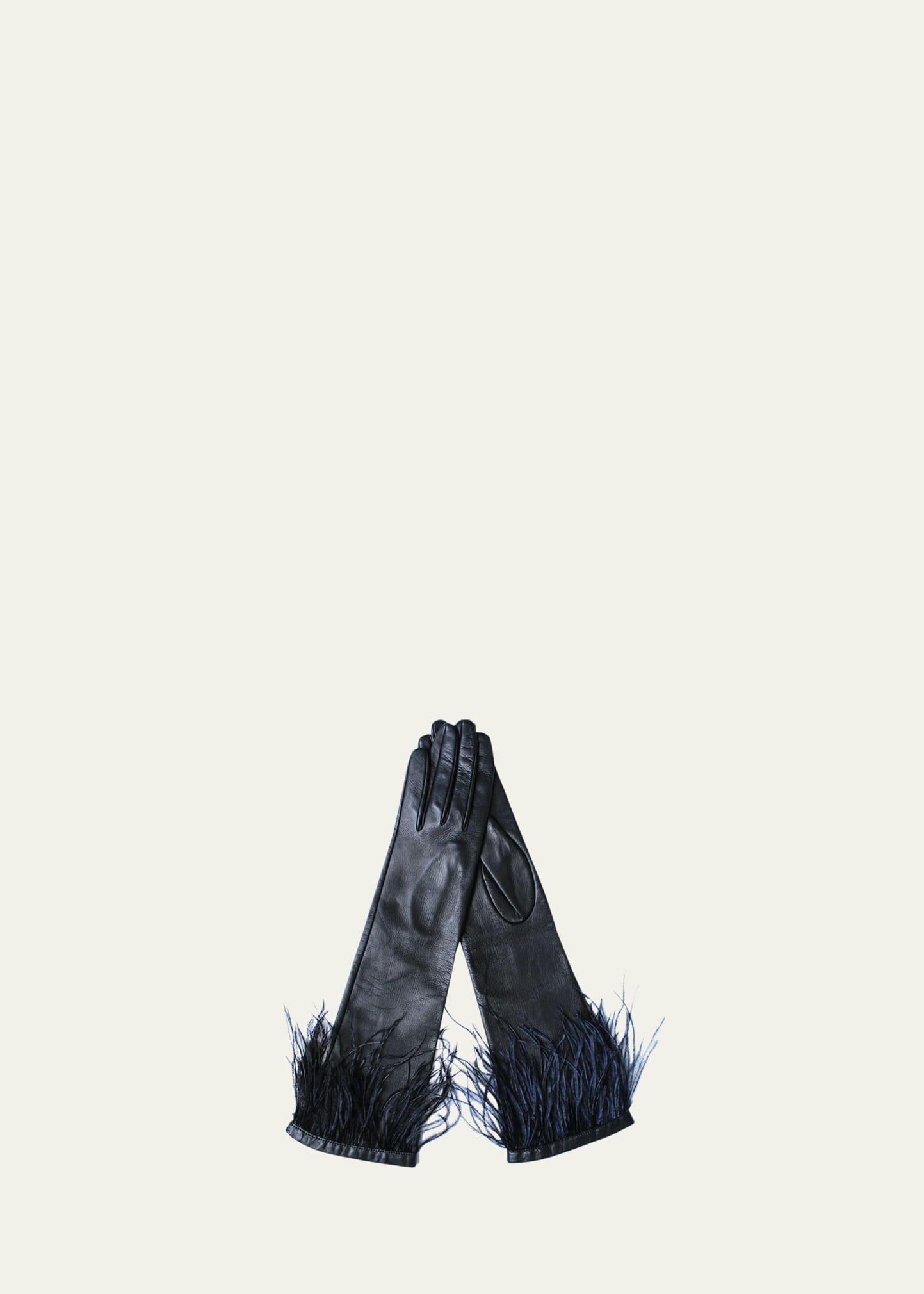 simone feather-trim leather gloves