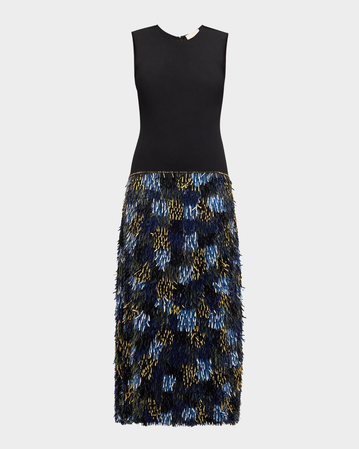 simone sleeveless fringe midi dress