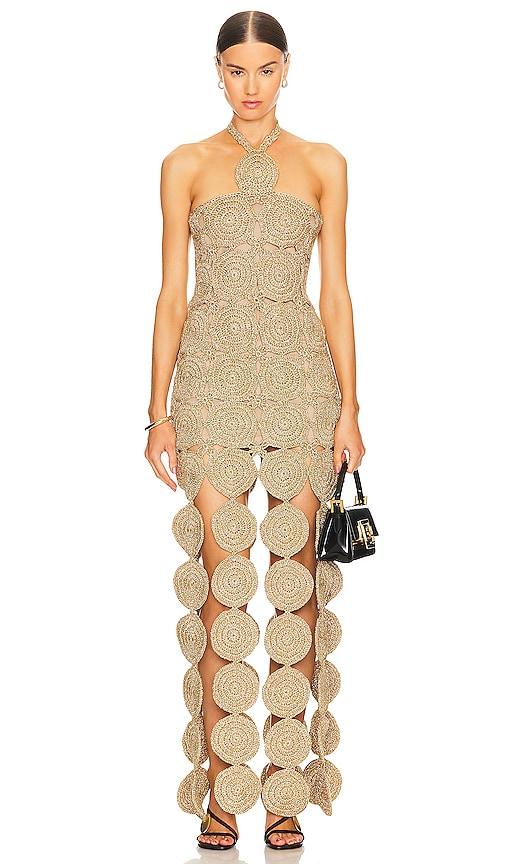simonmiller beep beep dress in metallic gold.