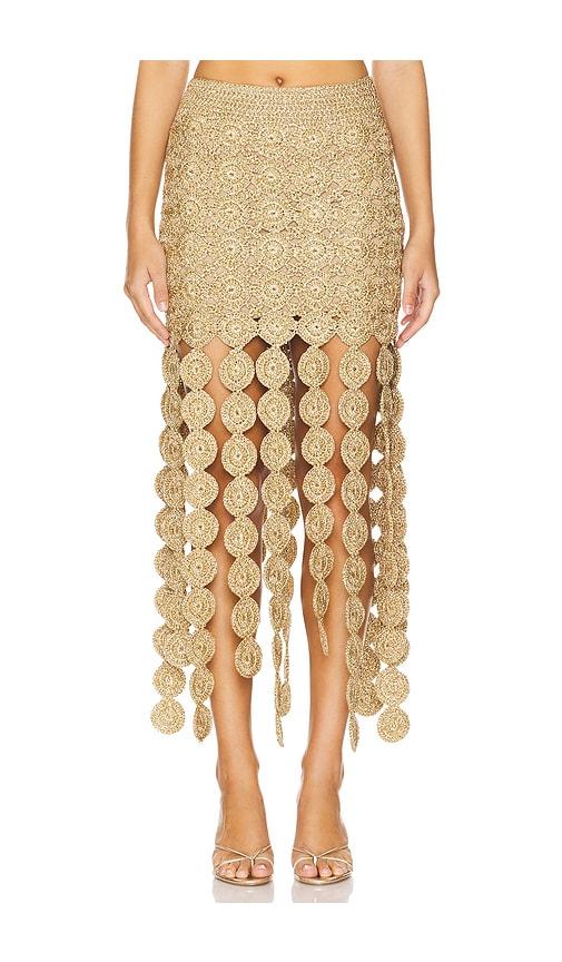 simonmiller beep beep maxi skirt in metallic gold.