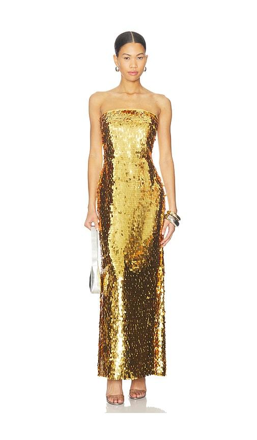simonmiller sculpty strapless sequin dress in metallic gold, yellow.