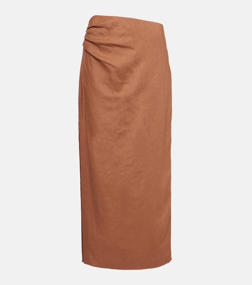 sir asymmetric ruched linen midi skirt