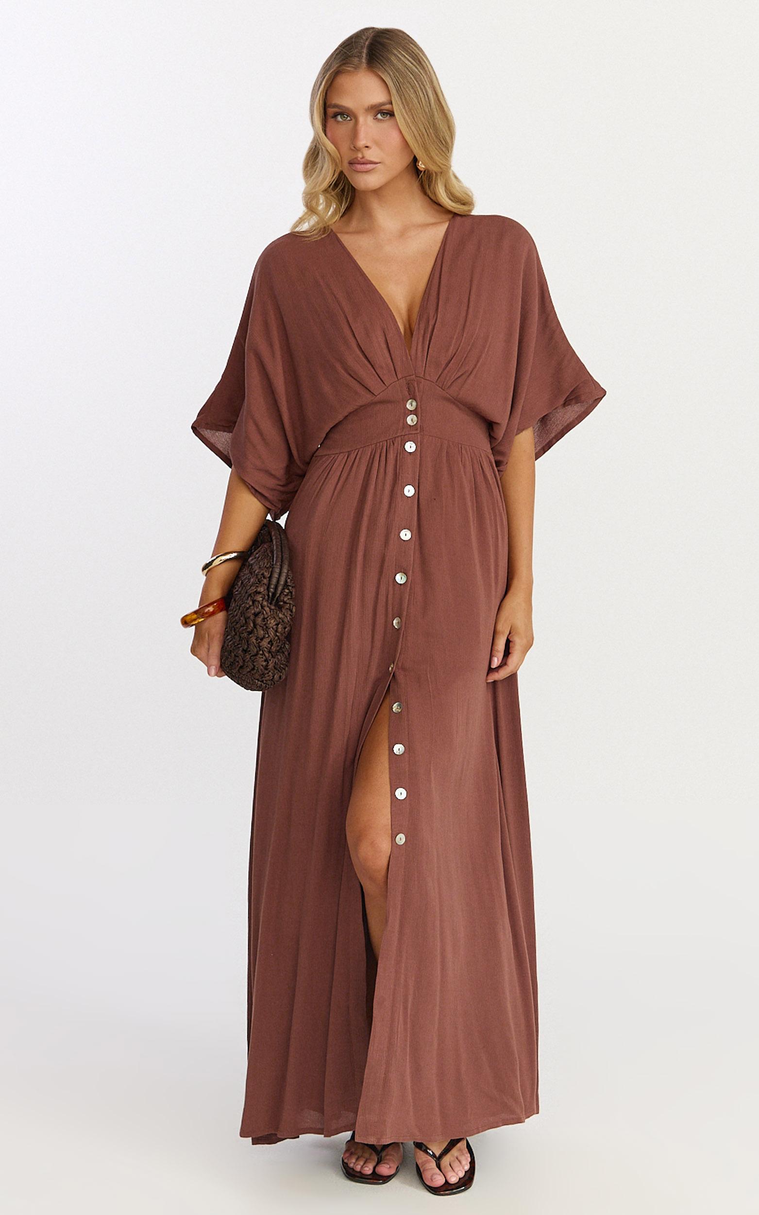 sitting pretty maxi dress - short sleeve button down dress in chocolate