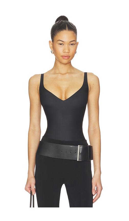 skims body core sculpt plunge thong bodysuit in black.