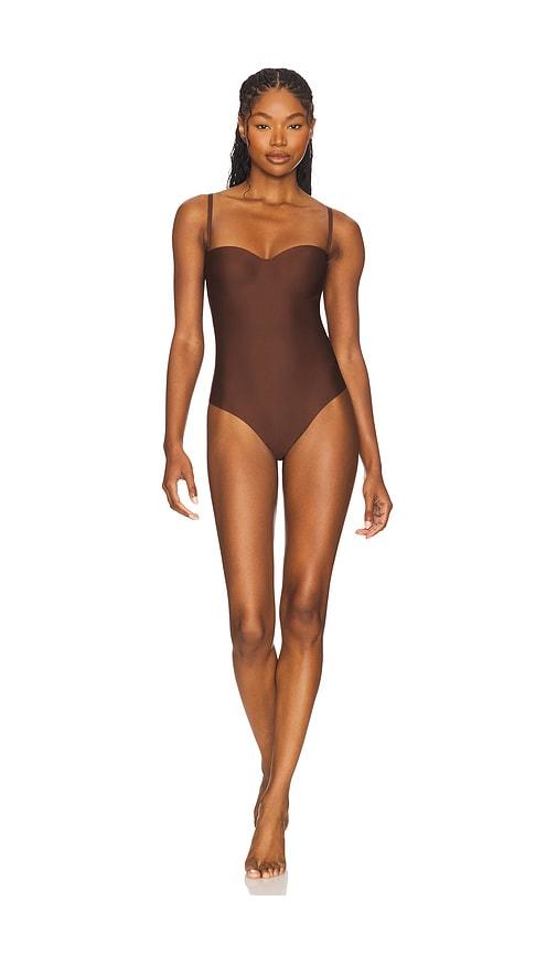 skims body molded underwire bodysuit in chocolate.