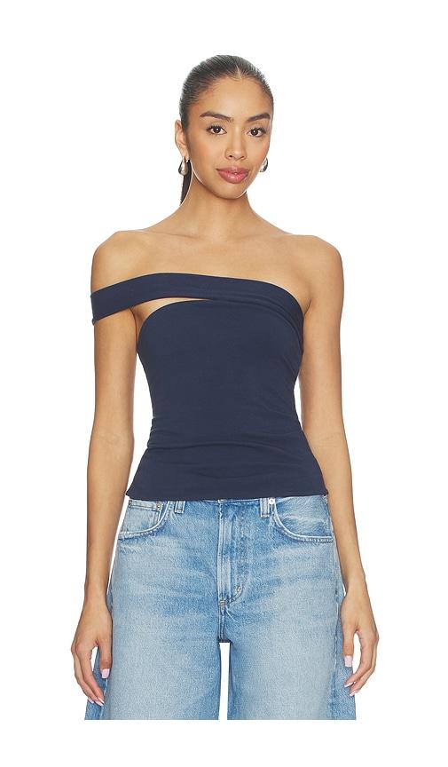 skims cotton jersey one shoulder tube top in navy.