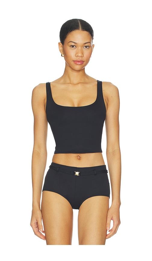 skims iconic swim tank bikini top in black.