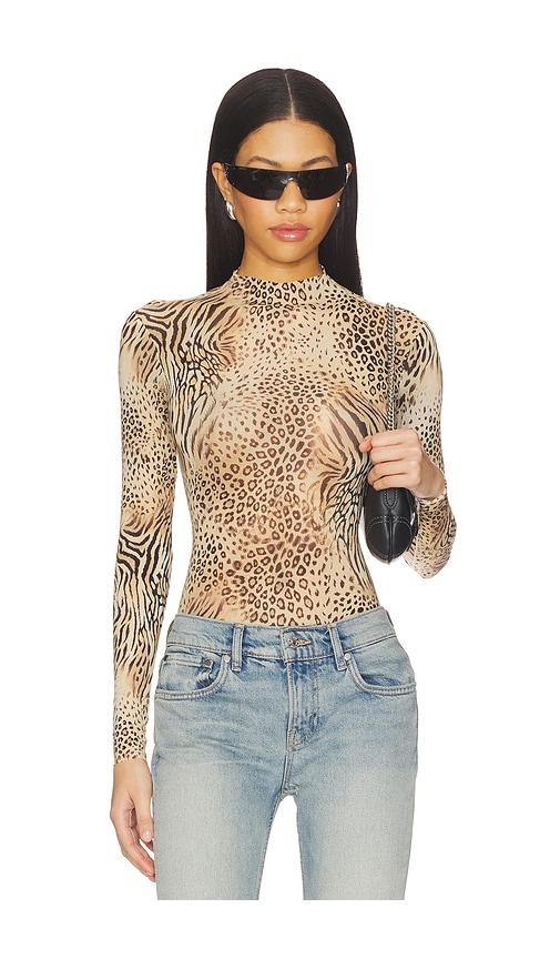 skims milky sheer mock neck long sleeve bodysuit in tan.