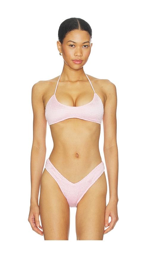 skims satin swim smocked scoop bikini top in pink.