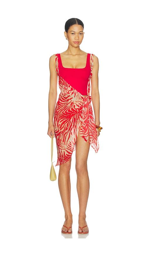 skims sheer dress sarong in red.