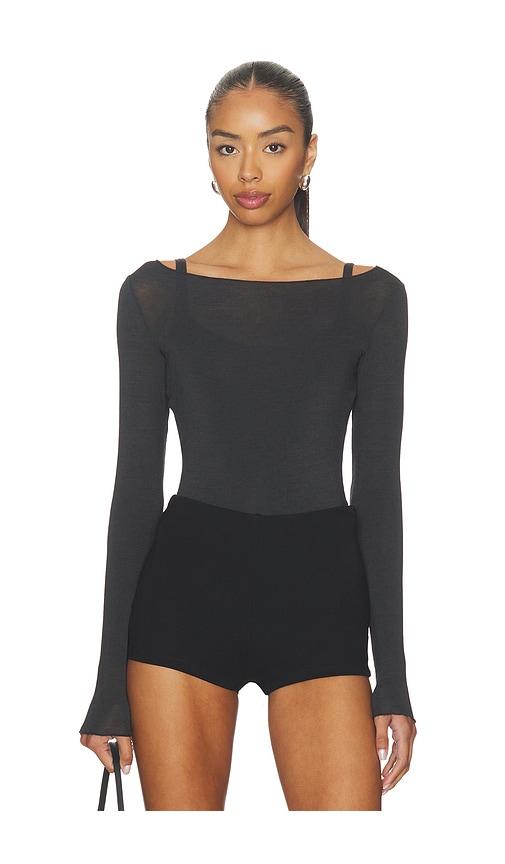 skims sheer modal long sleeve boat neck t-shirt in black.