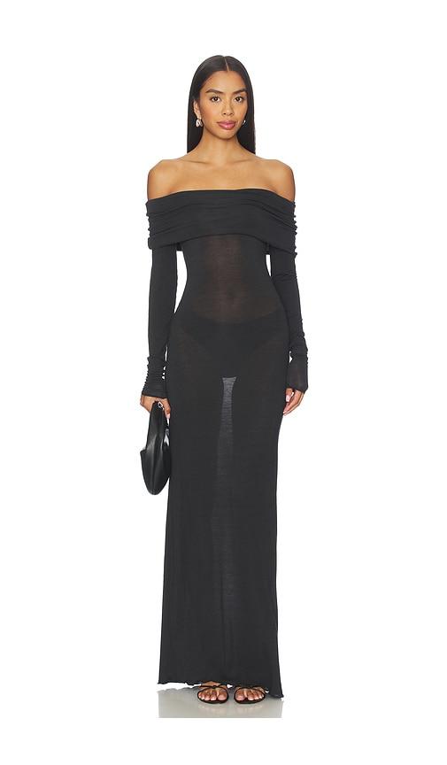 skims sheer modal off shoulder long dress in black.