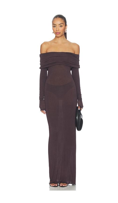 skims sheer modal off shoulder long dress in chocolate.