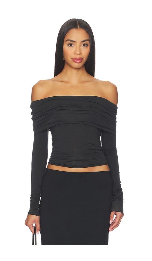 skims sheer modal off shoulder long sleeve top in black.