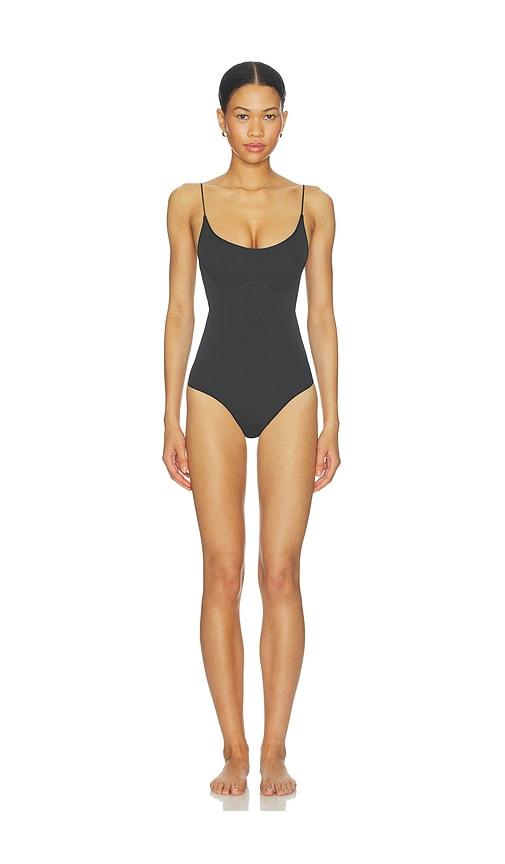skims sheer seamless thong bodysuit in black.