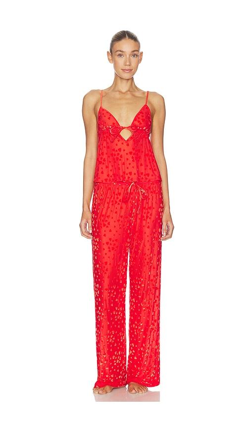 skims sheer velvet burnout cami & pant set in red.