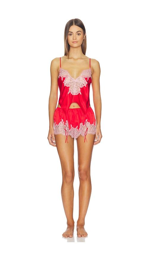 skims silk lace garter cami and short set in red.