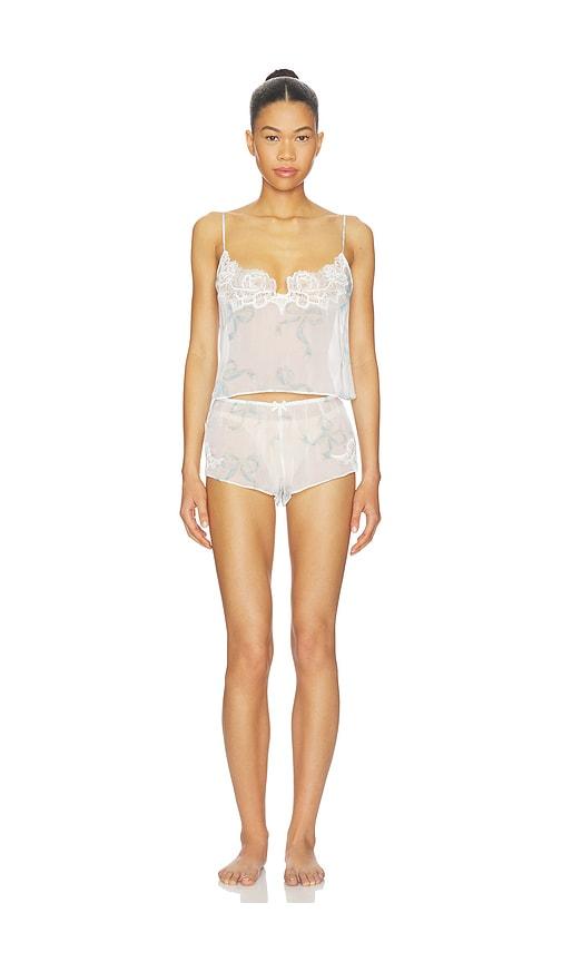 skims skims romance lace cami and short set in white,blue.