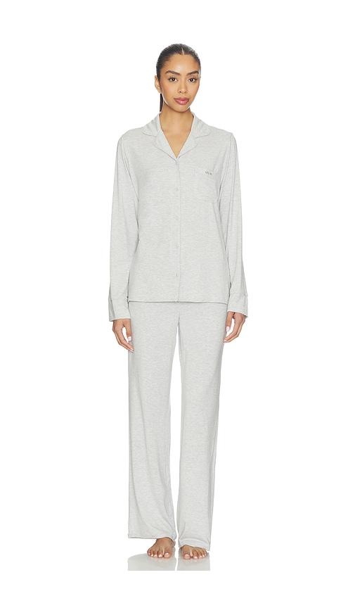 skims skims sleep long sleeve button up sleep set in light grey.