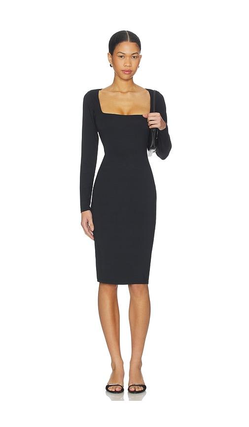 skims smooth layers square neck long sleeve midi dress in black.