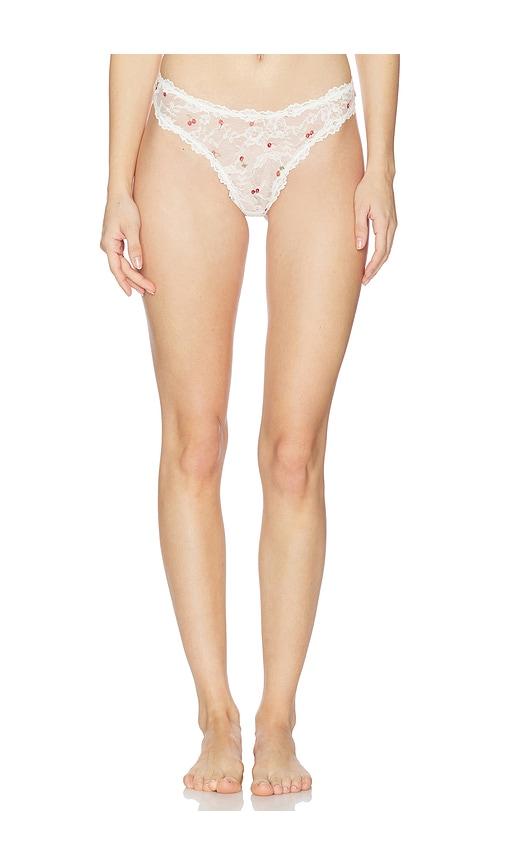 skims stretch lace dipped thong in ivory.