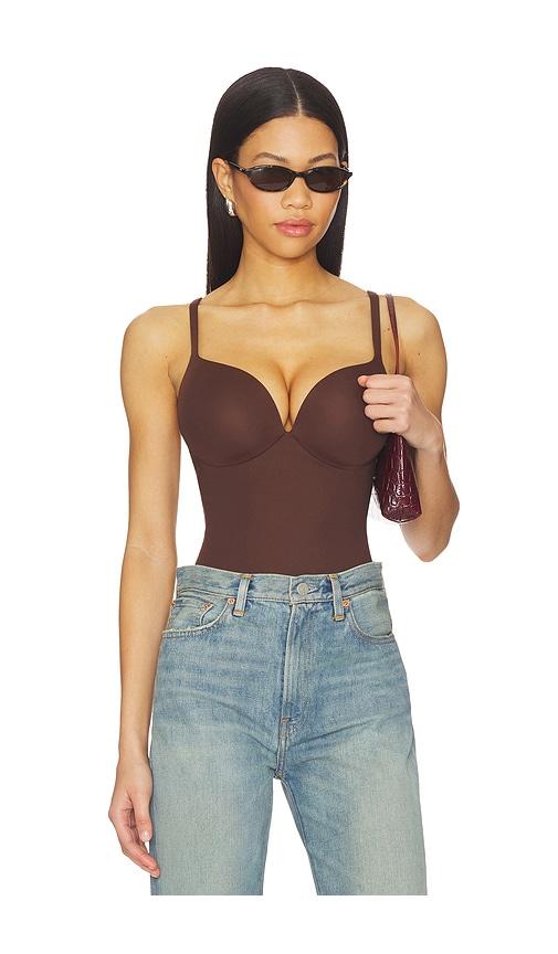 skims ultimate body shapewear push-up thong bodysuit in chocolate.