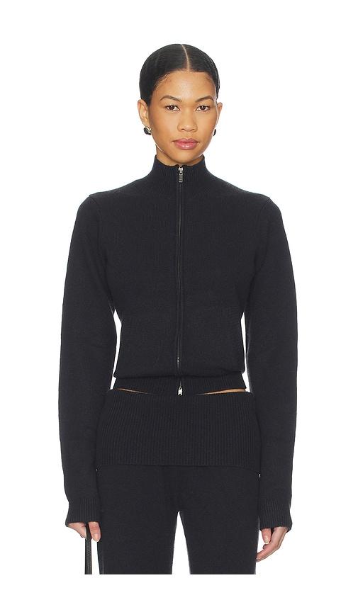 skims wool cashmere zip up mock neck sweater in black.
