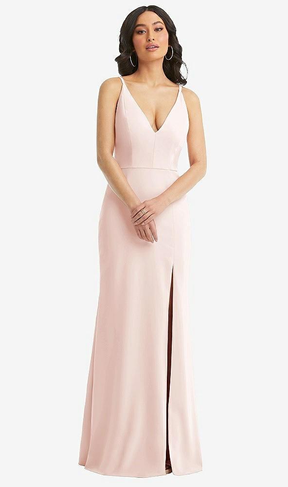 skinny strap deep v-neck crepe trumpet gown with front slit