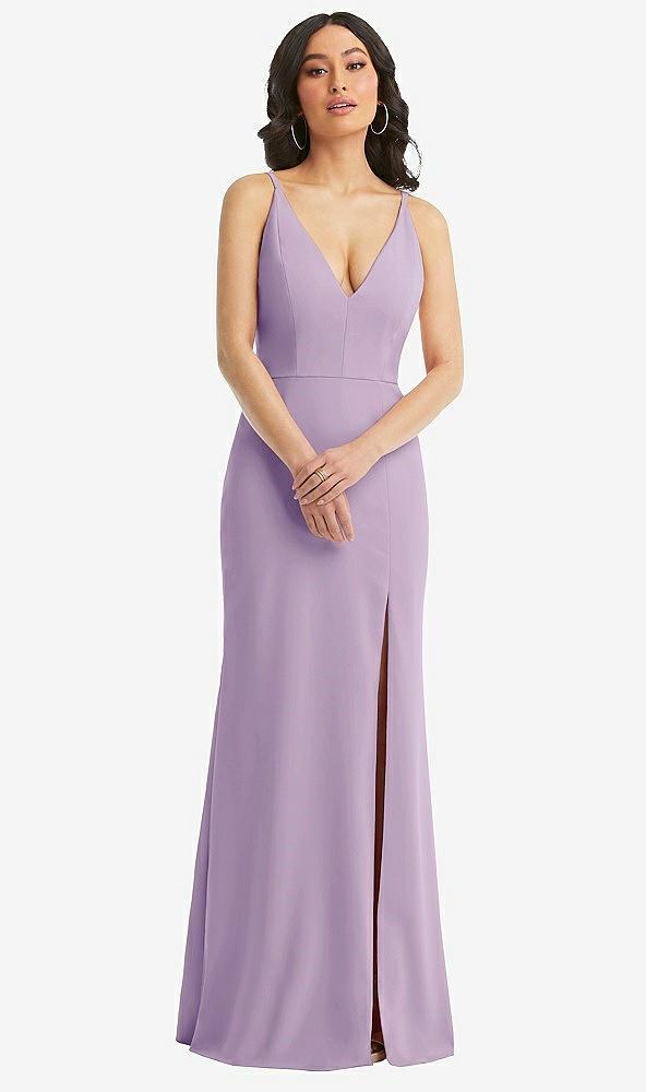 skinny strap deep v-neck crepe trumpet gown with front slit