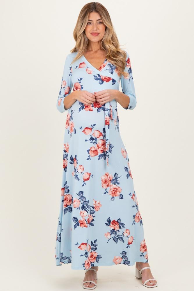 sky blue floral maternity wrap maxi dress