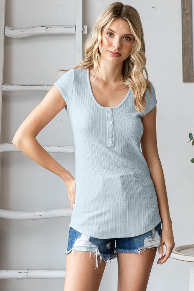 sky blue jacquard button front short sleeve top