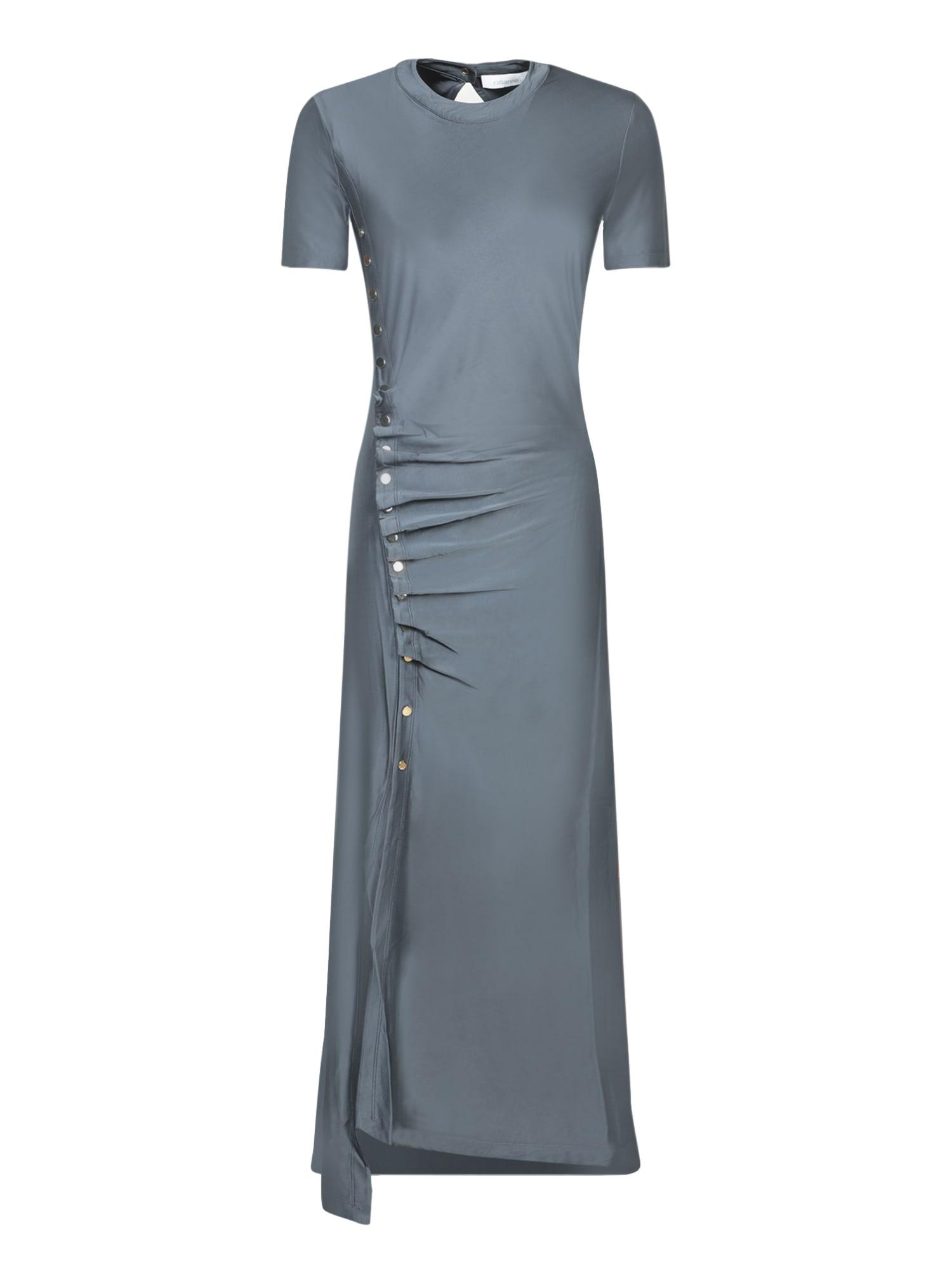 slate blue draped dress