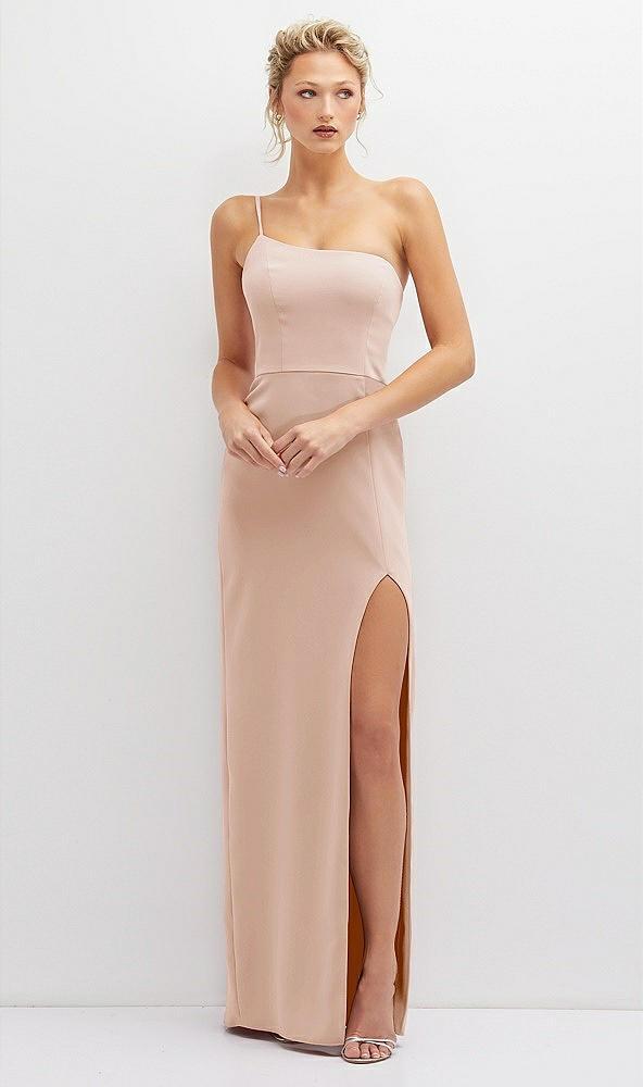 sleek one-shoulder crepe column dress with cut-away slit