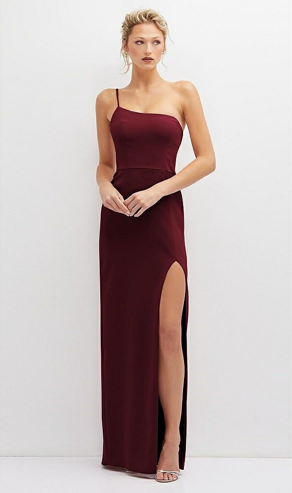 sleek one-shoulder crepe column dress with cut-away slit