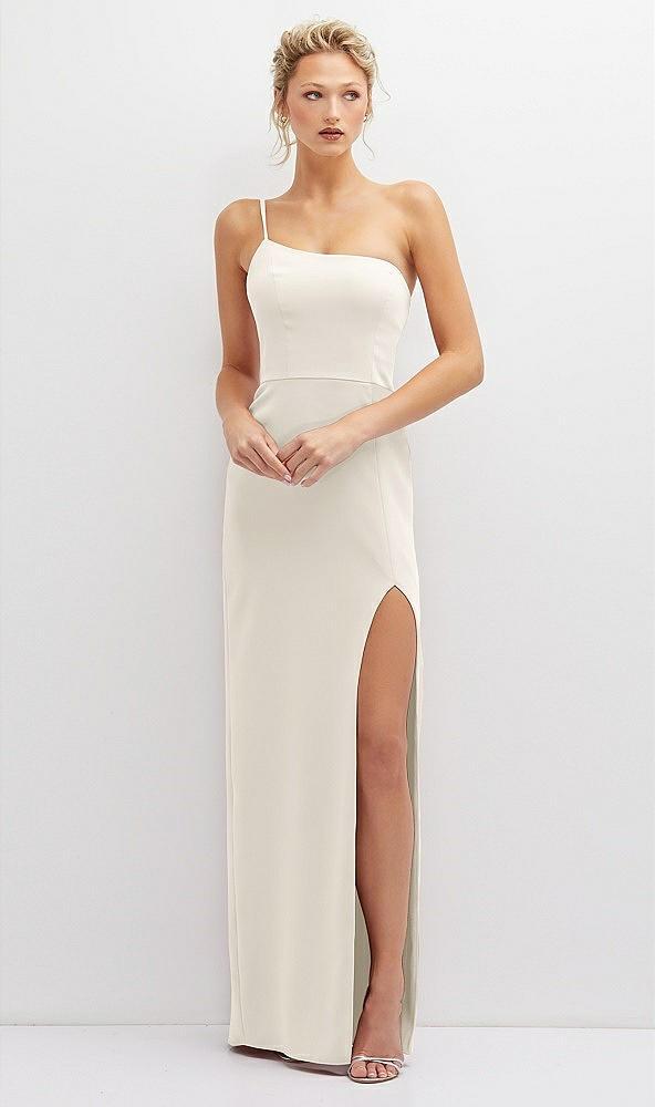sleek one-shoulder crepe column dress with cut-away slit